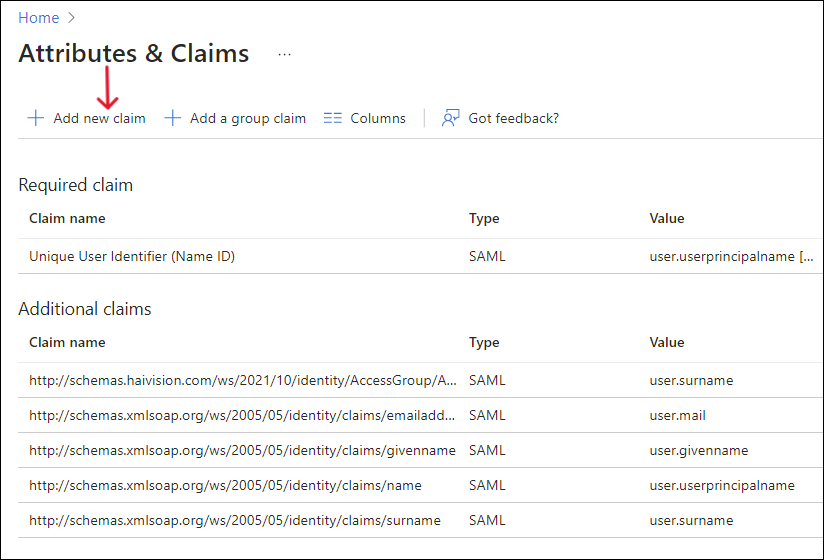 Attributes and Claims Screen