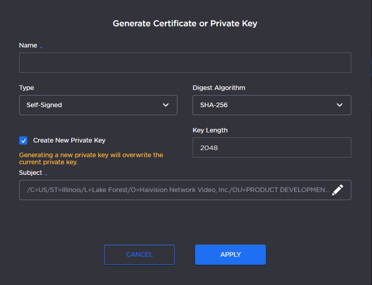 Generate Certificate or Private Key Dialog