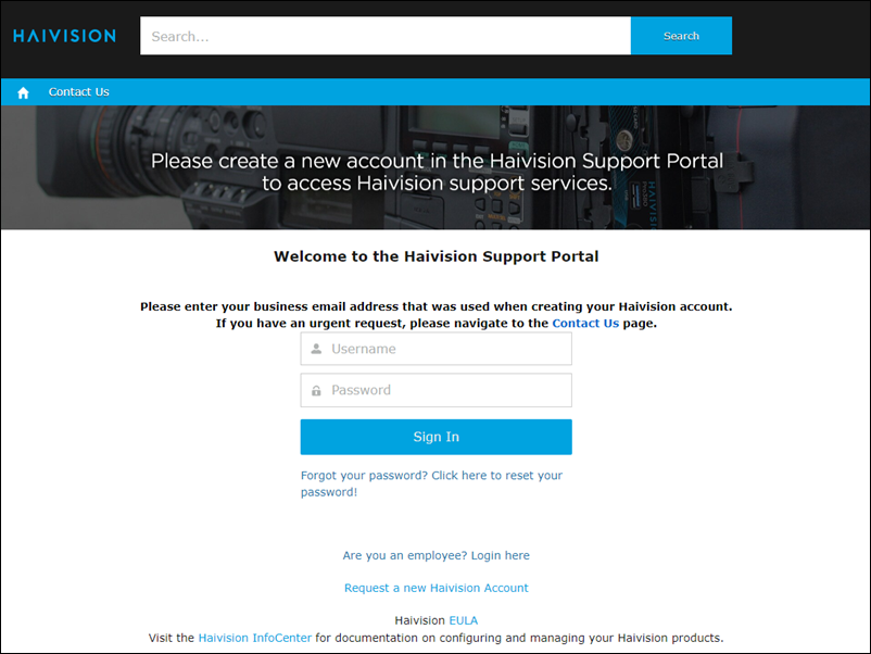 Haivision Support Portal Login Screen