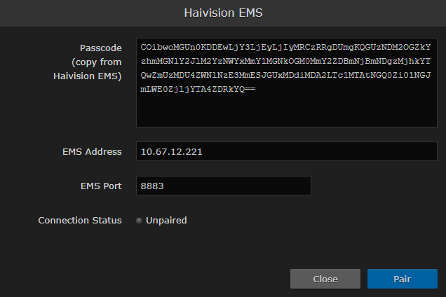 Haivision EMS Pairing Modal