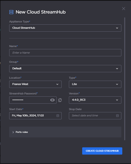 Add Cloud StreamHub dialog