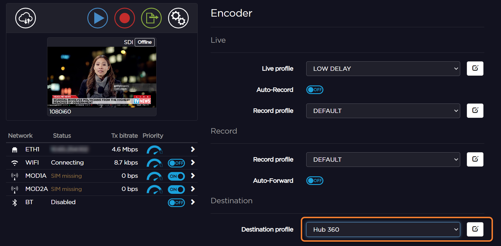 Transmitter Destination Profile dropdown