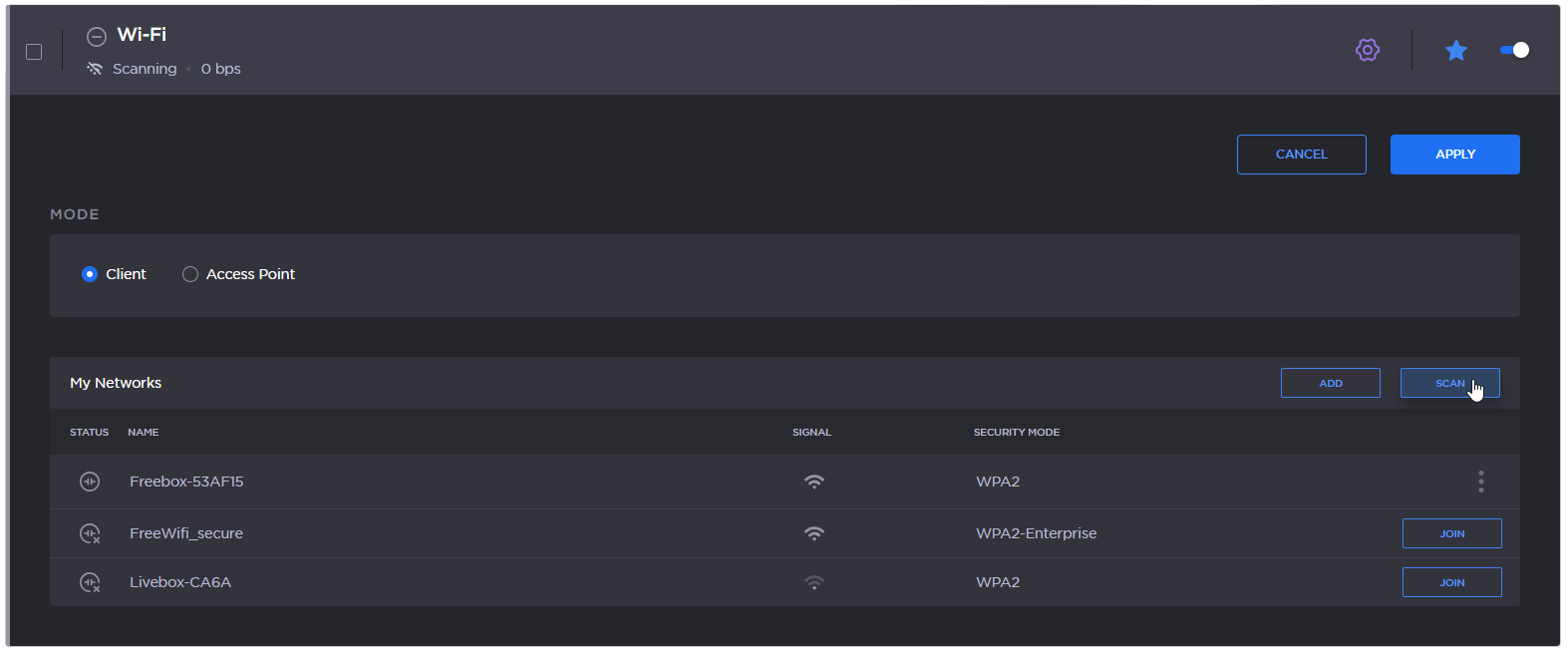 WiFi networks scan results