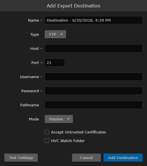 Add Export Destination Dialog