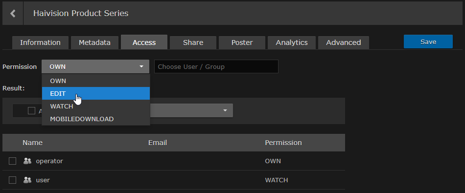 Share Permission Drop-down Menu