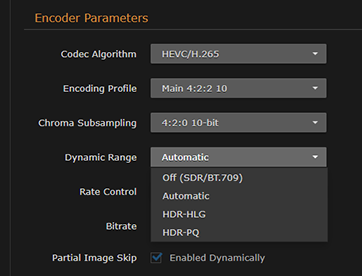 Encoder parameters showing Dynamic Range drop-down