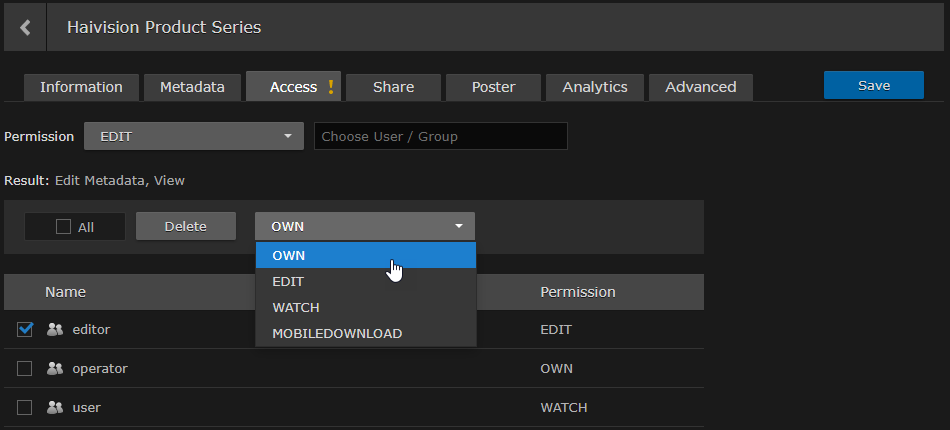 Modify Share Permission Drop-down Menu