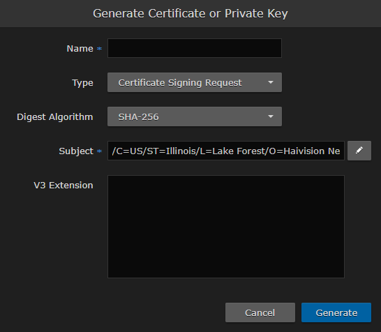 Generate Certificate or Private Key Dialog
