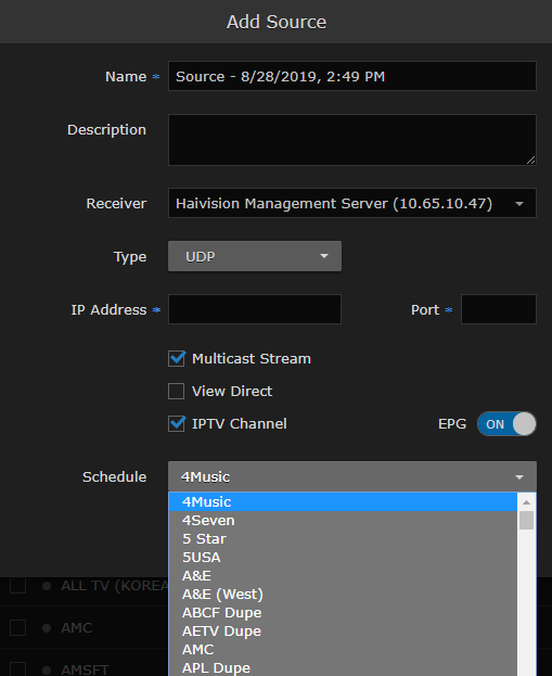 EPG Schedule in the Add Source Dialog