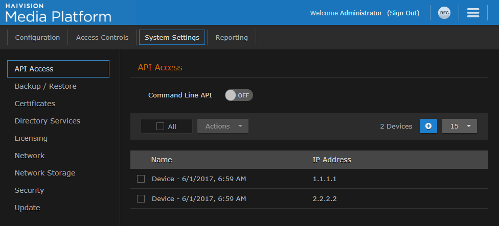 API Access Pane