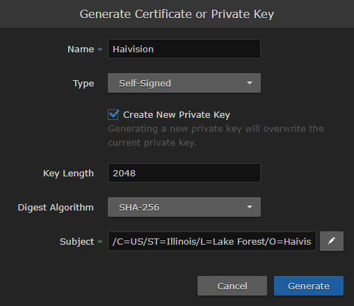 Create New Private Key Checkbox
