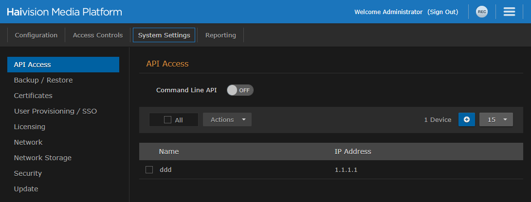 API Access Pane