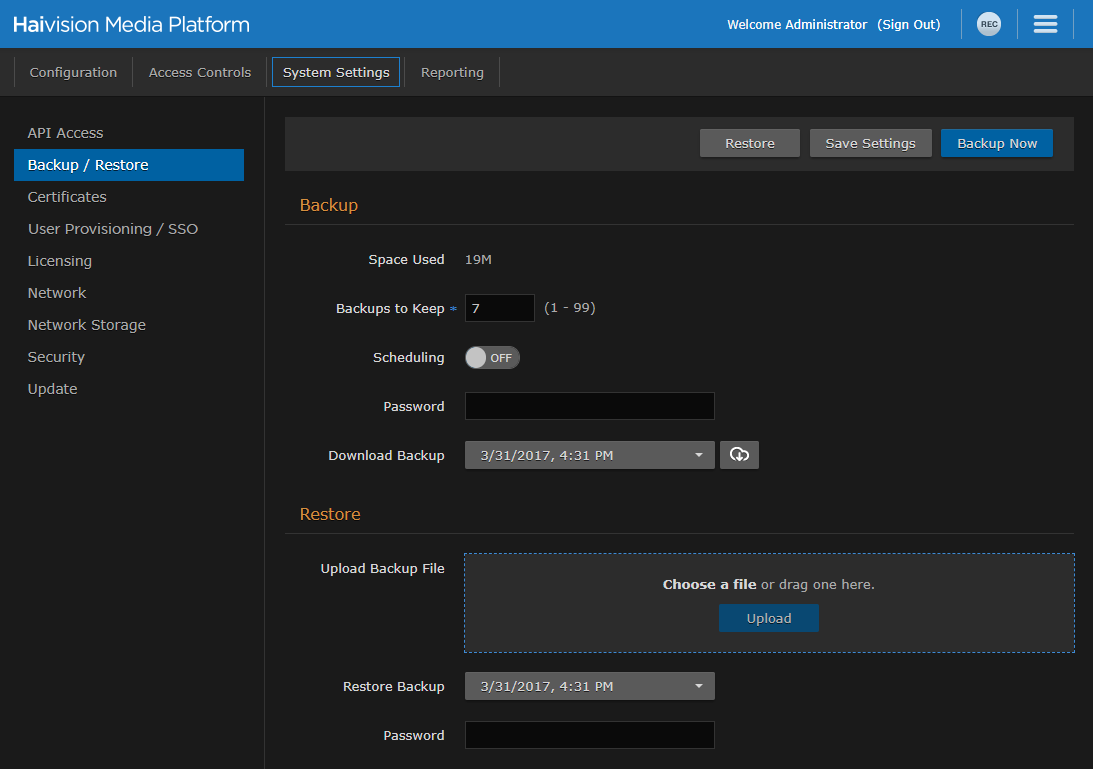 Backup and Restore Pane