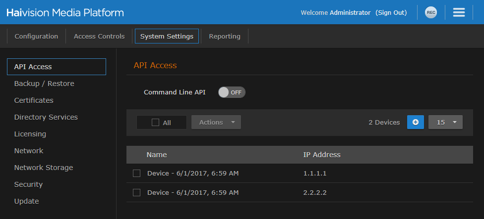 API Access Pane