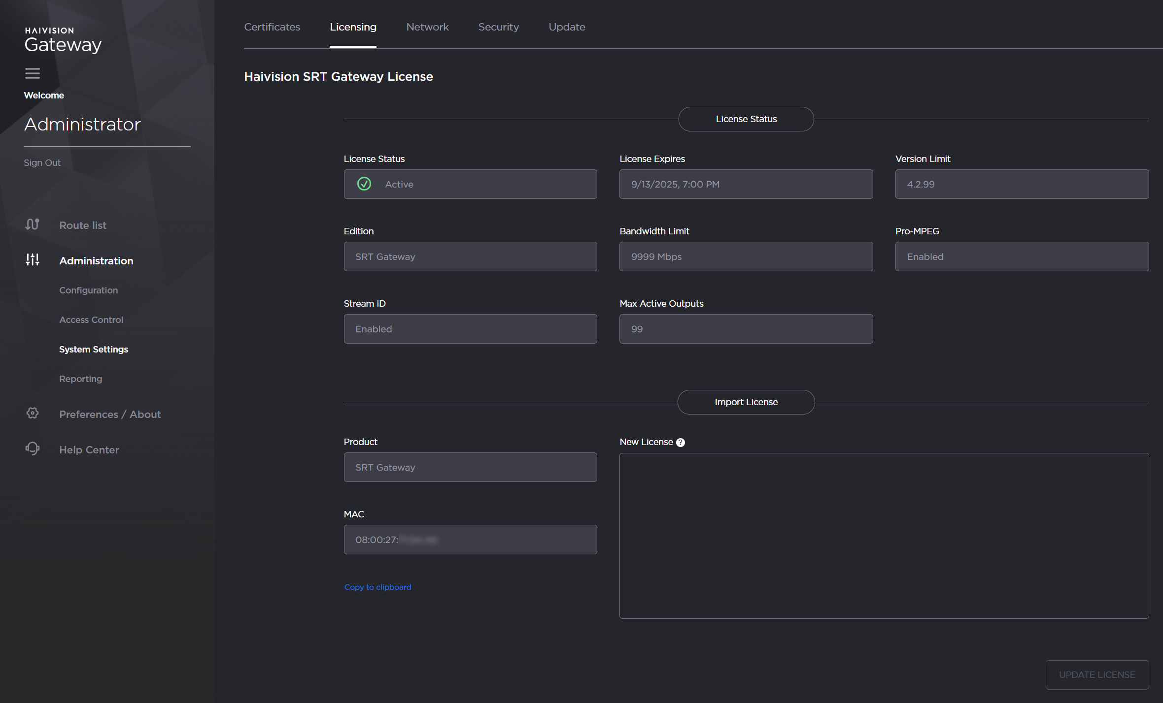 Licensing Screen