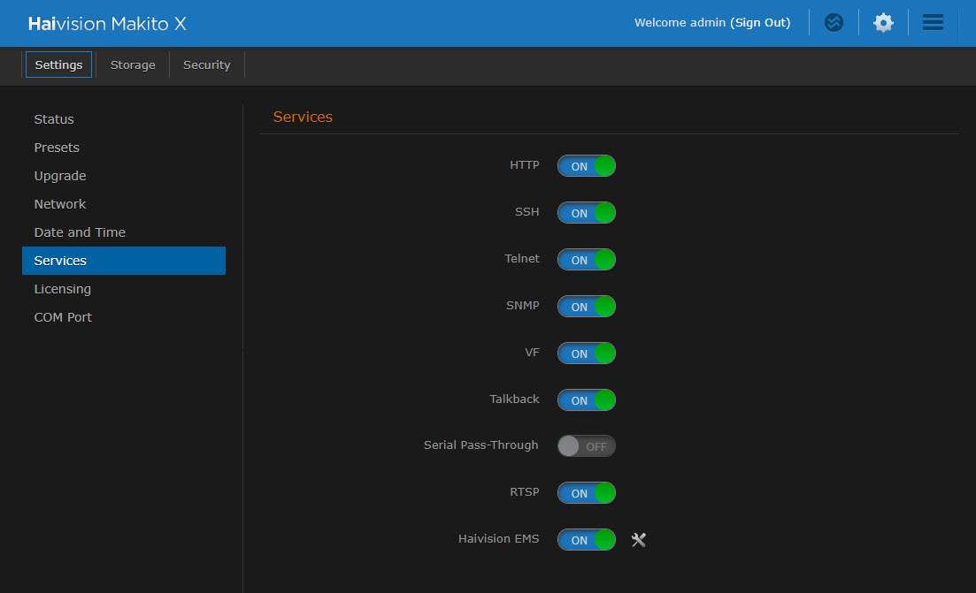 Makito Services Screen