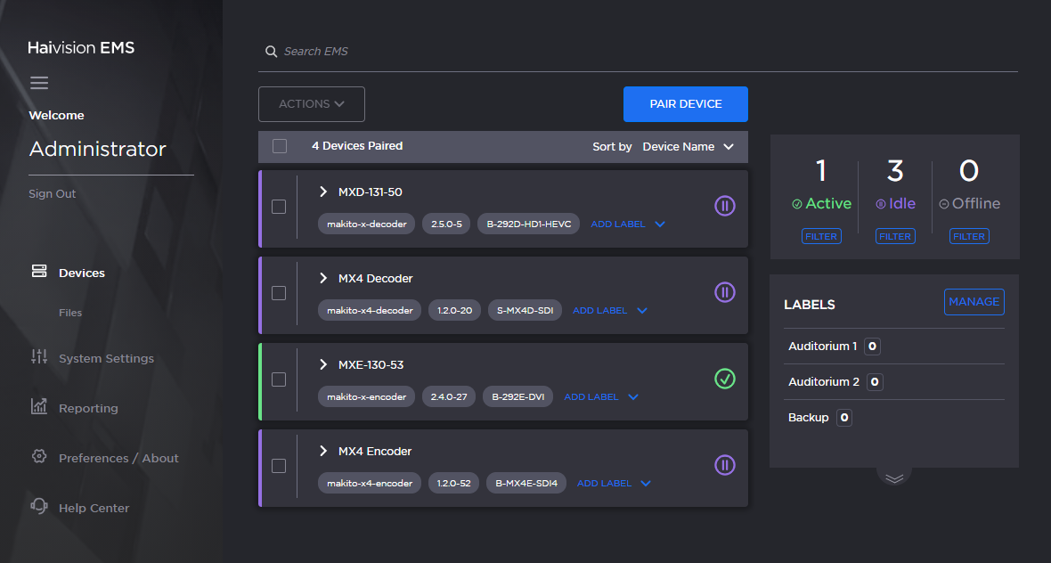 Haivision EMS Main Screen