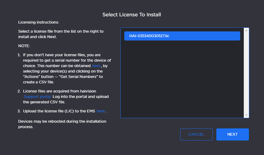 License Selection Window