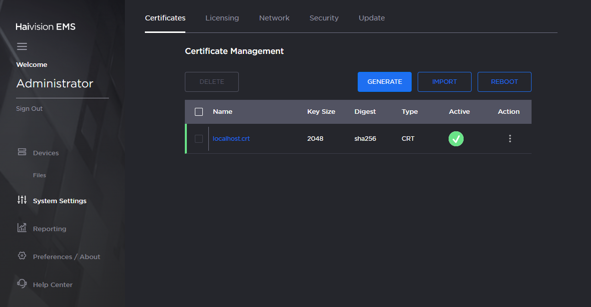 Certificates Pane