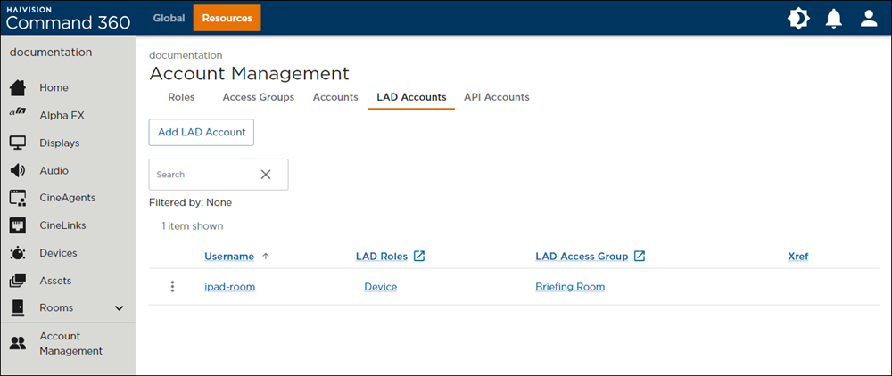 LAD Accounts Tab on the Account Management Screen