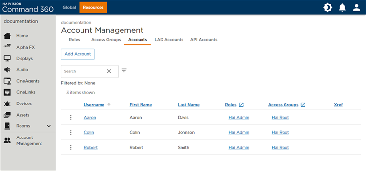 Accounts Tab on the Account Management Screen