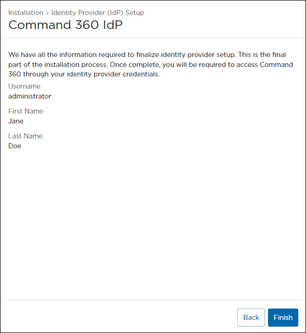 Command 360 IdP Setup Confirmation Screen