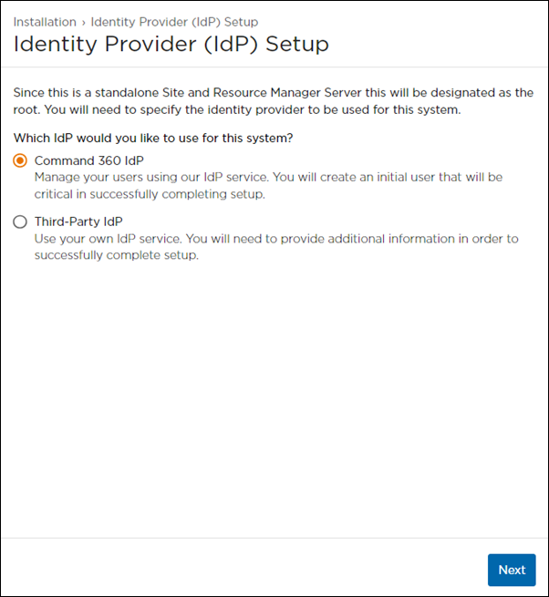 IdP Setup Screen with Command 360 Selected