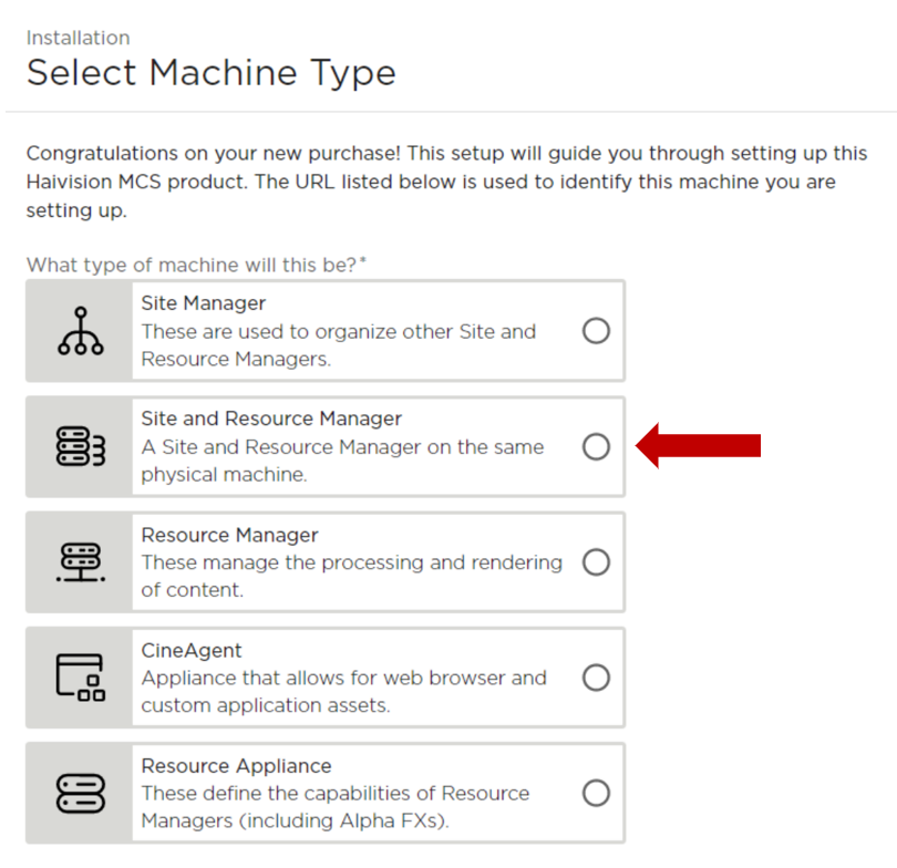 Select Machine Type Screen with Site and Resource Manager Highlighted