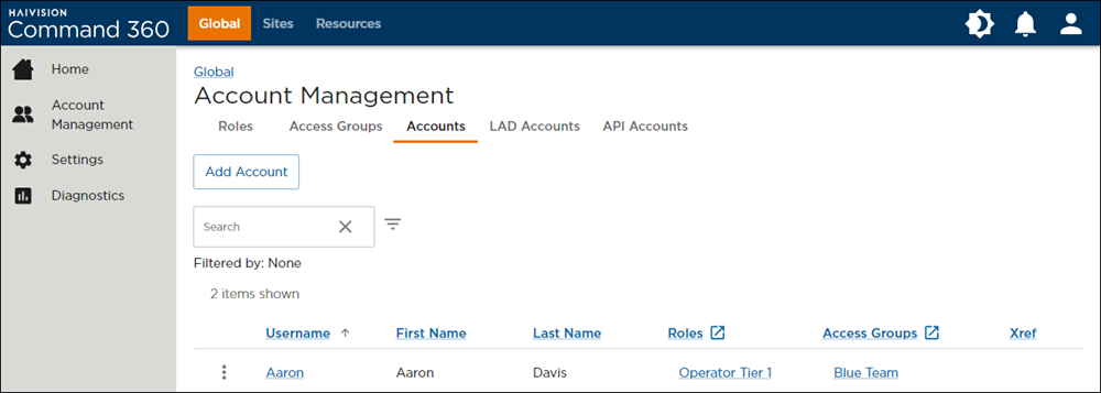 Accounts Tab on the Account Management Page