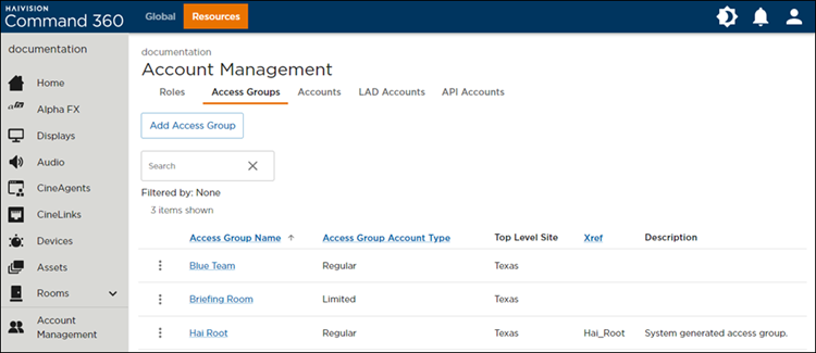 Access Groups Tab on the Account Management Screen