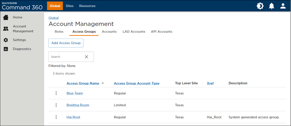 Access Groups Tab on the Account Management Page