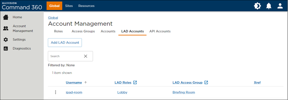 LAD Accounts Tab on the Account Management Page