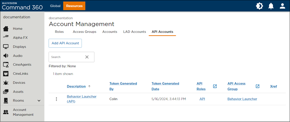 API Accounts Tab on Account Management Screen