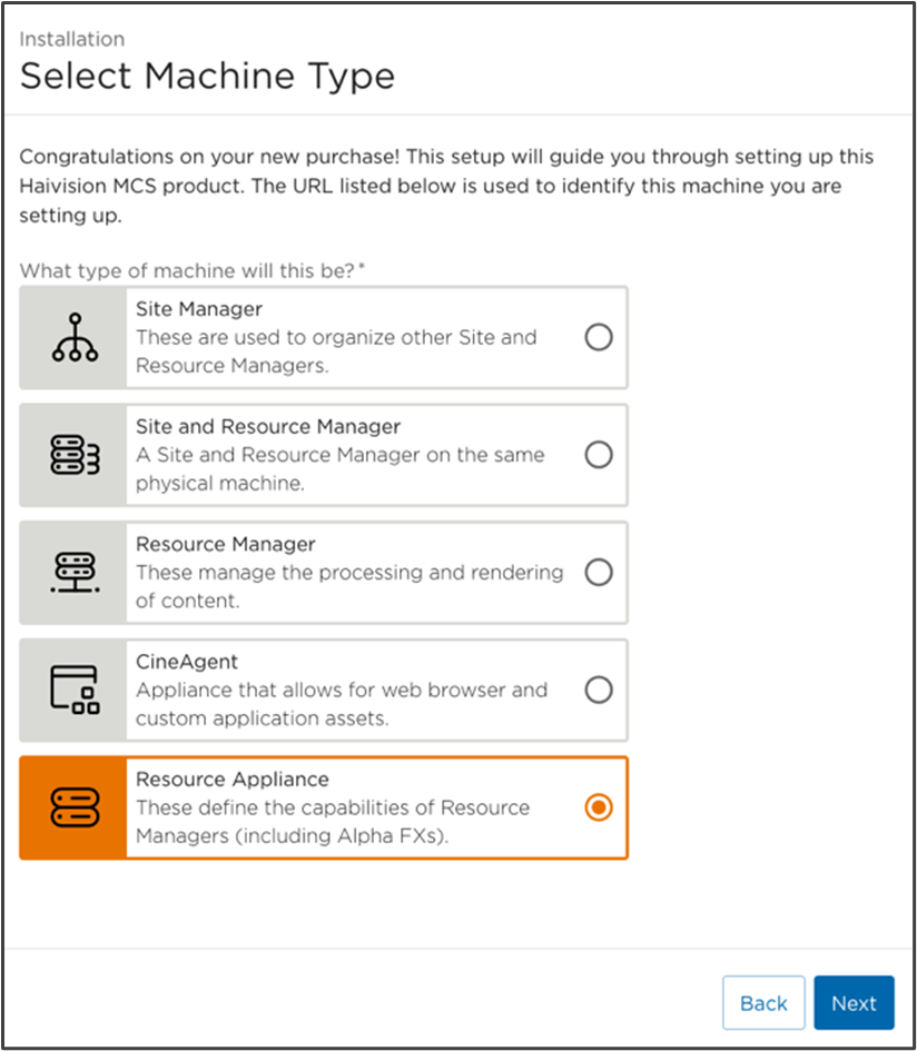Select Machine Type Screen with Resource Appliance Selected