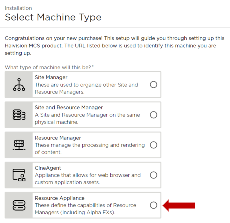 Select Machine Type Screen with Resource Appliance Highlighted