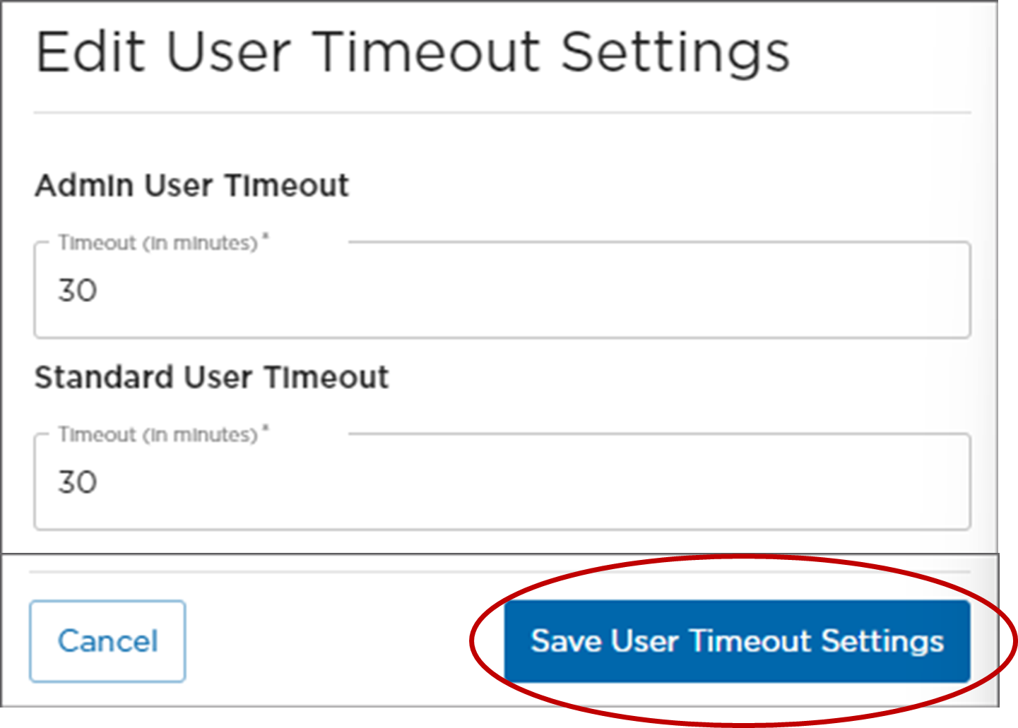 Save User Timeout Settings Button