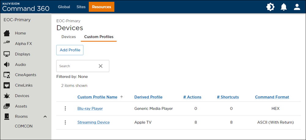 Custom Profiles Tab on the Devices Page