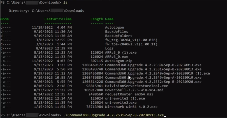 Terminal Window with Upgrade File Directory