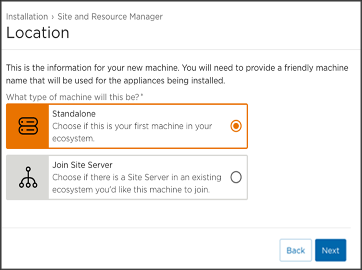 Site and Resource Manager Setup Location Screen with Standalone Selected