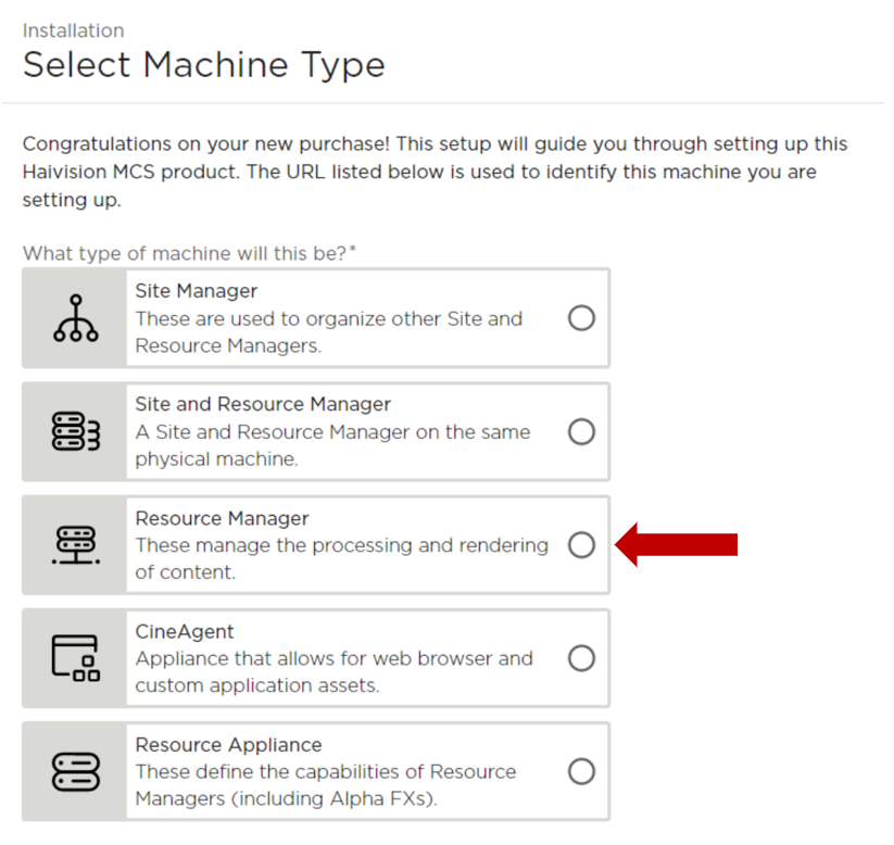 Select Machine Type Screen with Resource Manager Highlighted