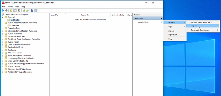 Launching Certificate Import Wizard from Actions Pane