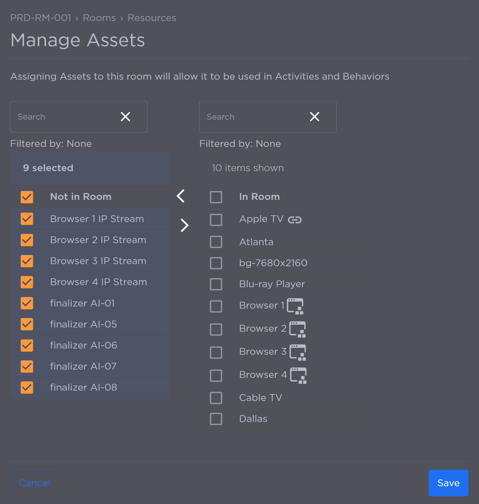 Manage Assets Panel