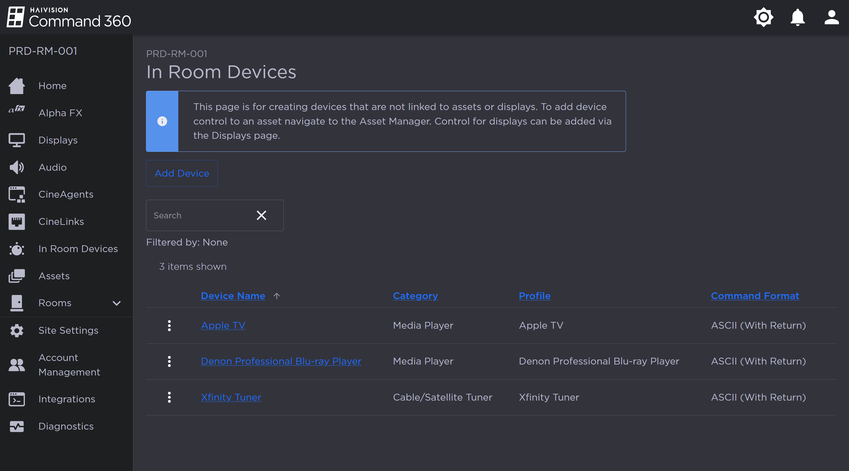 In Room Devices Page with 3 Devices Listed