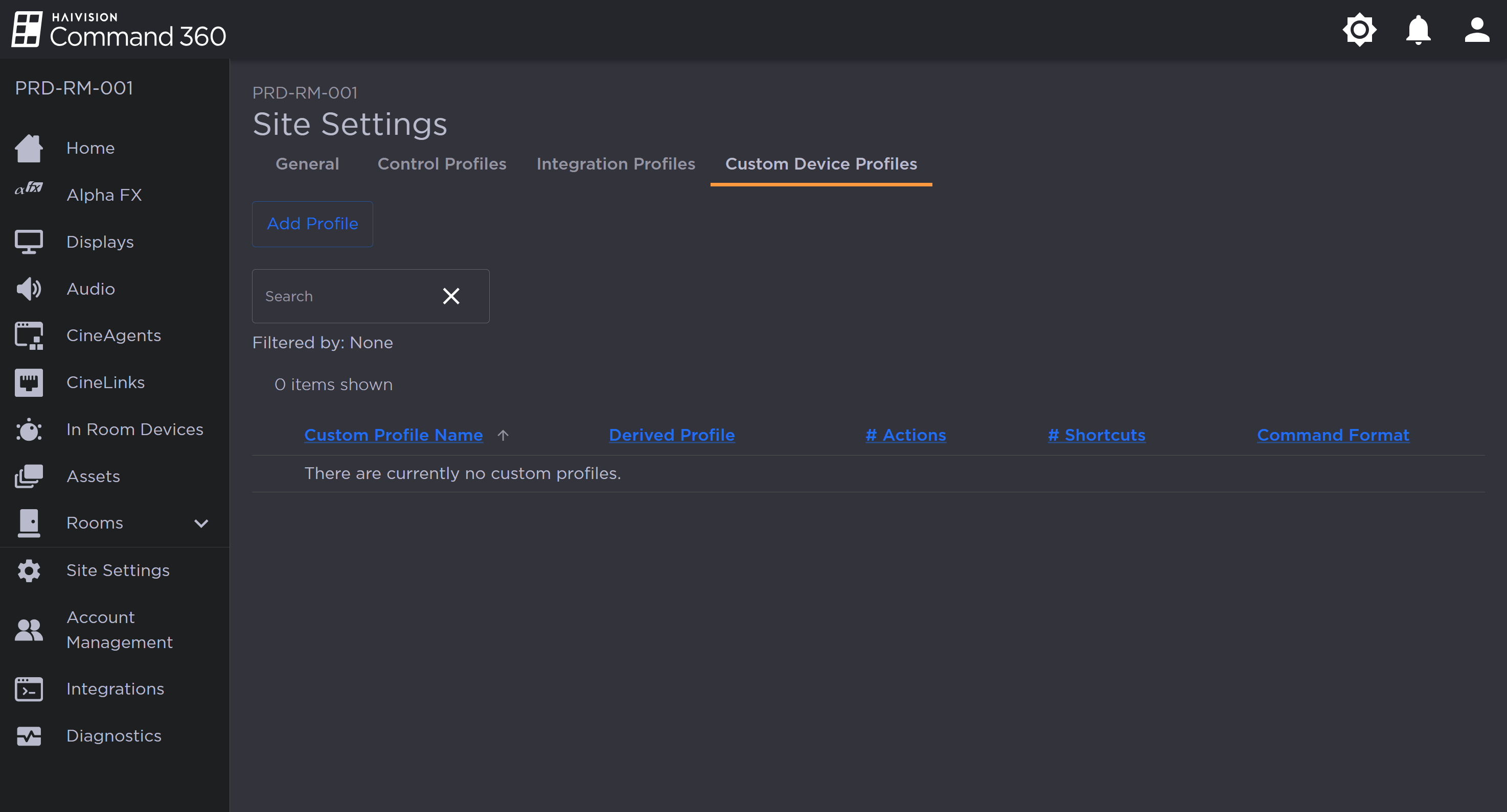 Custom Device Profiles Tab on the Site Settings Page