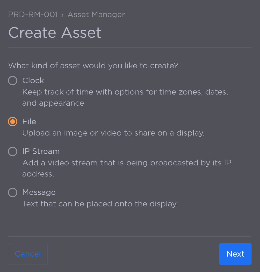 Create Asset Panel with File Selected