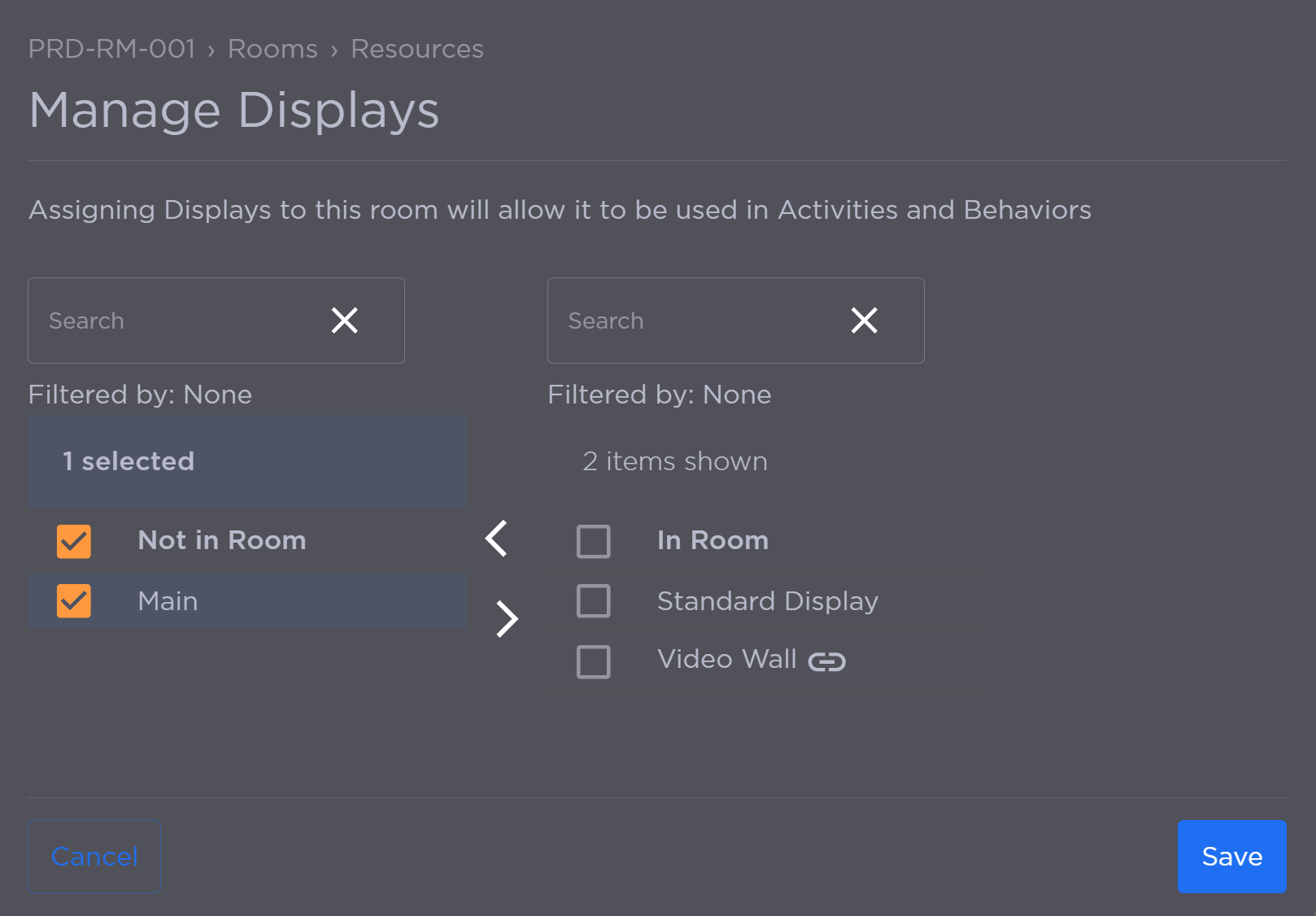 Manage Displays Panel
