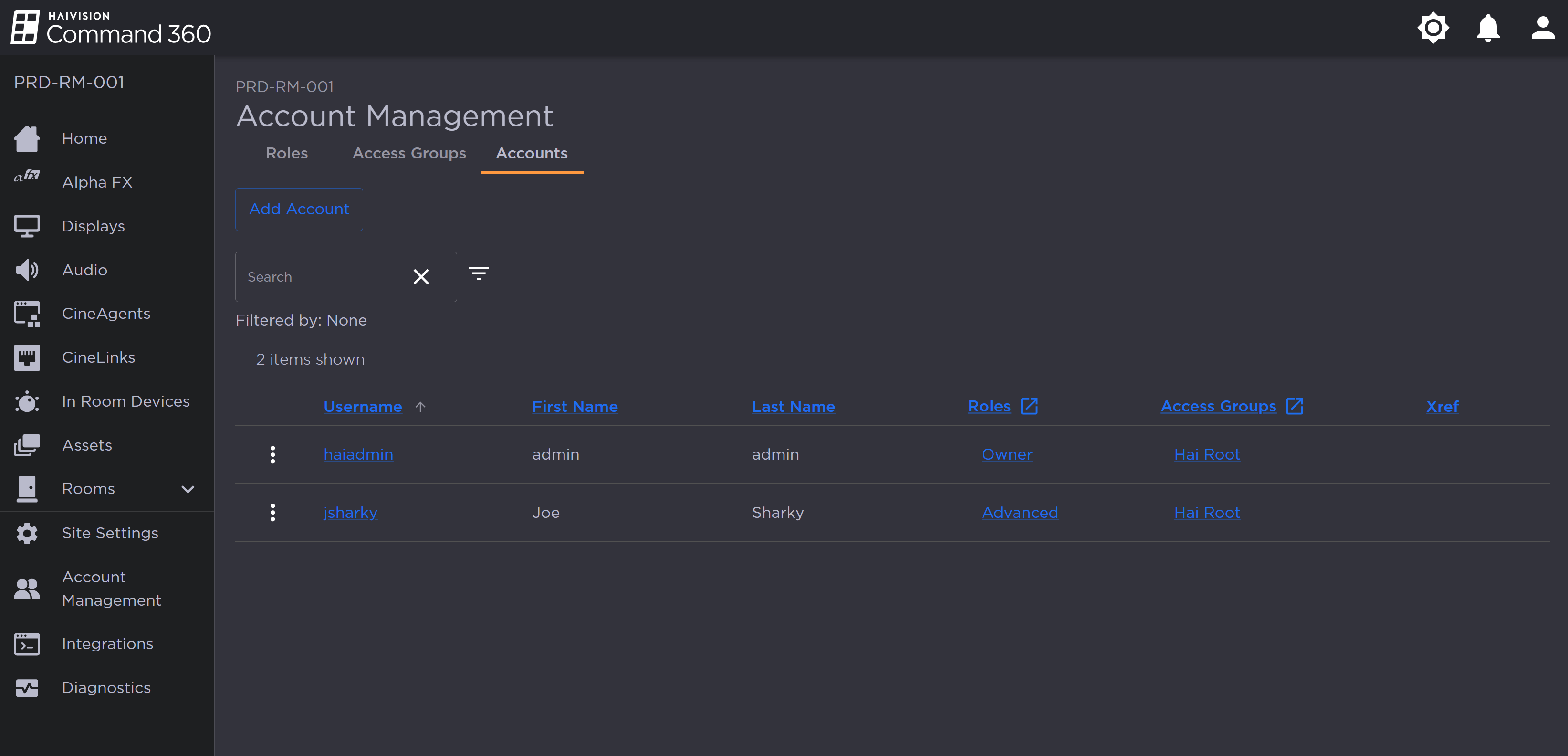 Accounts Tab of Account Management Page