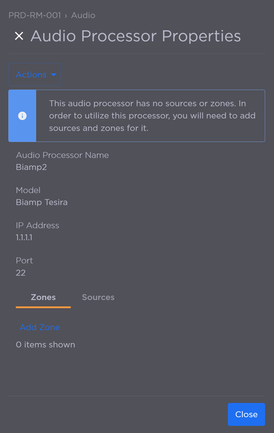 Zones Tab on Audio Processor Properties Panel