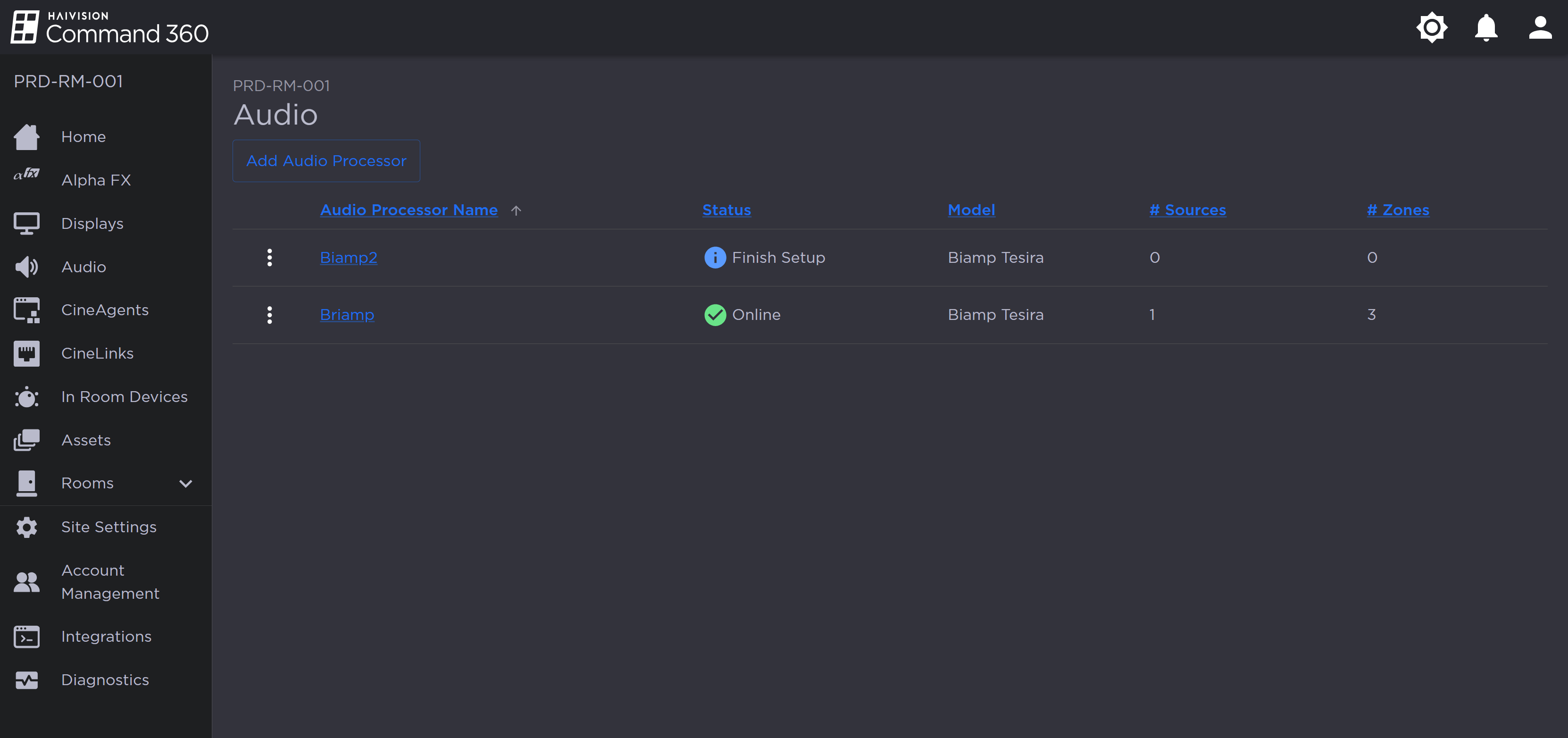 Audio Page with One Processor in Finish Setup Status