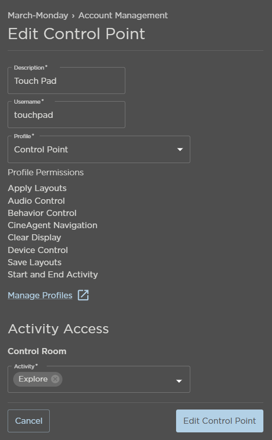 Edit Control Point Options